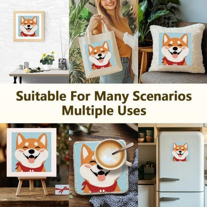 Doodlream Happy Shiba Inu Needle Kit for Beginner, 9.4"x 9.4" Cute Dog Punch Stitching Craft Set, DIY Embroidery Starter with Printed Frame, Instruction, Threader, Yarn, Pinch Needle - Image 5