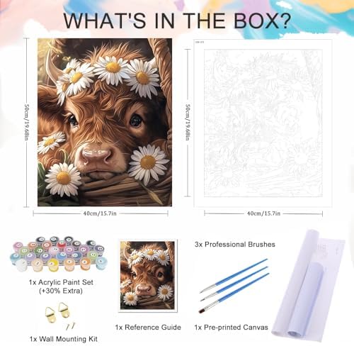 Natuyalo Animals Paint by Numbers Kits for Adults, Baby Cattle in Basket Paint by Numbers Kits, Daisy Flowers Adult Paint by Number Kits on Canvas, Acrylic Painting for Home Wall Decor (16x20 inch) - Image 5