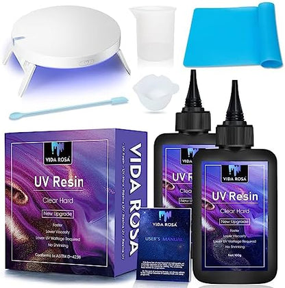 VIDA ROSA 200g UV Resin Kit with Upgraded UV Light 24W,Silicone Stir Rod, Measuring Cup and Silicone Pad-Ultraviolet Epoxy Resin Hard,UV Resin Starter Jewelry Making Kit for Craft Beginner by VidaRosa