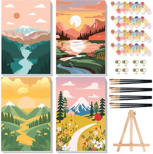 4 Pack Scenery Paint by Numbers for Adults with Frame Canvas - Wooden Easel by xackcme