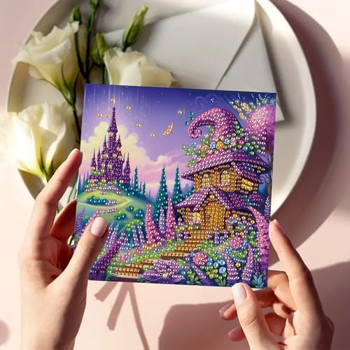 DIZAKIM 6-Piece Christmas-Themed Diamond Painting Greeting Cards Christmas Eve DIY Craft Kit Birthday Gift (Castle) - Image 6