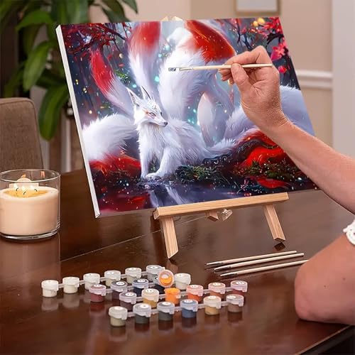 MaiMMaledy Paint by Numbers Kit for Adults Beginners Canvas Pictures with Framed Drawing Painting Acrylic Pigment with Wooden Triangle Easel Colorful Nine-Tailed Fox 8Wx12L inch - Image 2