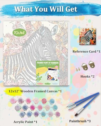 TOCARE Framed Paint by Numbers Kit for Adults & Kids Ages 8-12, 12x12Inch Jungle Zebra Paint by Numbers with Frame, Wildlife Paint by Number Framed Canvas for Animal Lovers (Without Easel) - Image 3