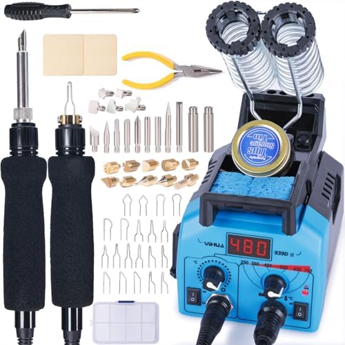 YIHUA 939D-II Pyrography Pen Wood Burning Kit Station 2-in-1 Solid-Point 200~480°C (with Temp Display)/Wire-Nib 250~750°C with 20 Nibs, Solid Points, 1 Stable Pen Holder, 2 Scrap Wood (Blue) by YIHUA