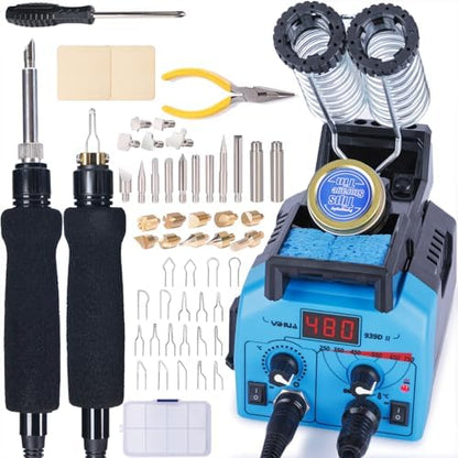 YIHUA 939D-II Pyrography Pen Wood Burning Kit Station 2-in-1 Solid-Point 200~480°C (with Temp Display)/Wire-Nib 250~750°C with 20 Nibs, Solid Points, 1 Stable Pen Holder, 2 Scrap Wood (Blue) by YIHUA