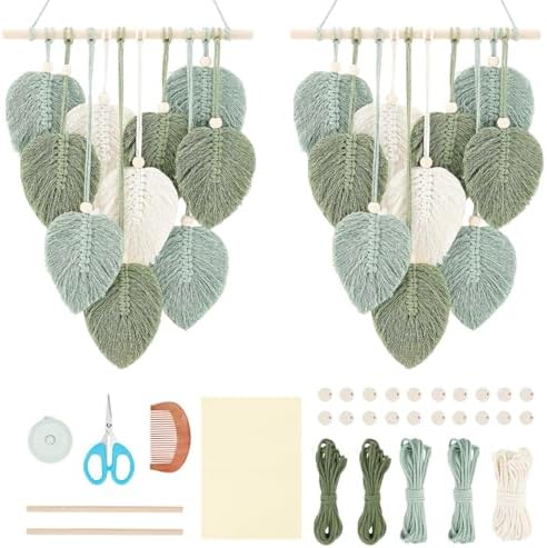 FREEBLOSS 2 Set DIY Macrame Leaf Wall Hanging Beginners Macrame Kit Leaf Woven Tapestry Feather Wall Hanging DIY Macrame Kit for Adults Birthday Gift by FreeandCreativeCraftsArt
