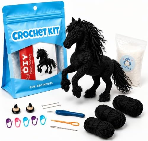 Black Friesian Horse Amigurumi Crochet Kit for Beginners, Complete DIY Craft Supplies with Instructions, Galloping Long Mane Animal Crochet Starter Kit, Handmade Decor Gift for Horse Lovers by Unknown