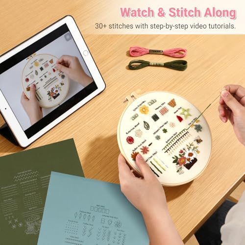 ZenHues Embroidery Kit for Beginners Adults with Level 0 Practice Sampler, 5 Pre-Printed Patterns & Video Tutorials with 7.8" Hoop, Learn 30+ Stitches, DIY Needlework Craft Gift for Women - Image 3