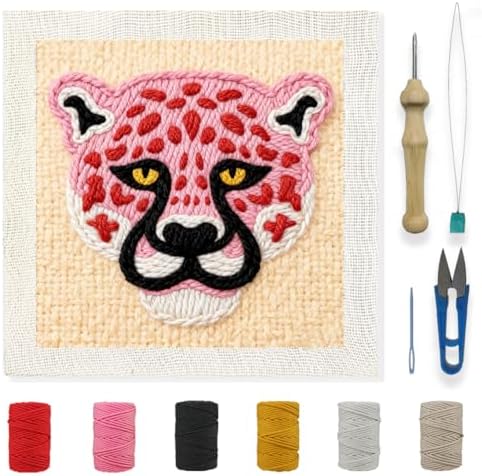 INFUNLY Punch Needle Frame Kits Pink Leopard Punch Needle Embroidery Set with Patterns 9.4x9.4 DIY Punch Needlework Kit for Beginners with Yarn Fabric Festival Gift Home Decor by INFUNLY