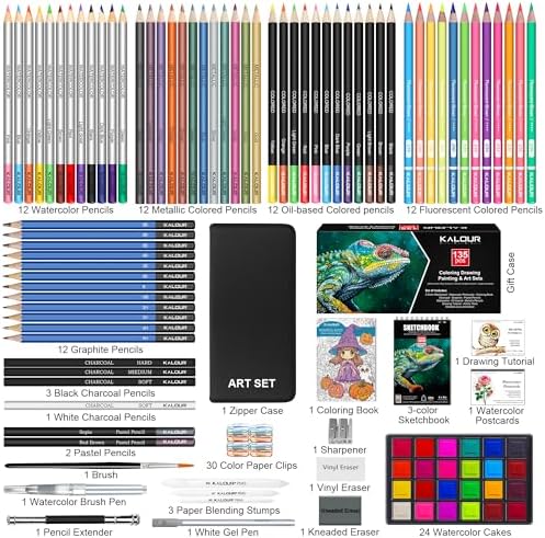 KALOUR 135 Drawing Set Sketching Kit,Art Supplies with 3-color Sketchbook & Coloring Paper,Include Tutorial, Oil Based, Neon,Graphite, Charcoal, Watercolor & Metallic Pencil,for Artist Adults Beginner - Image 4
