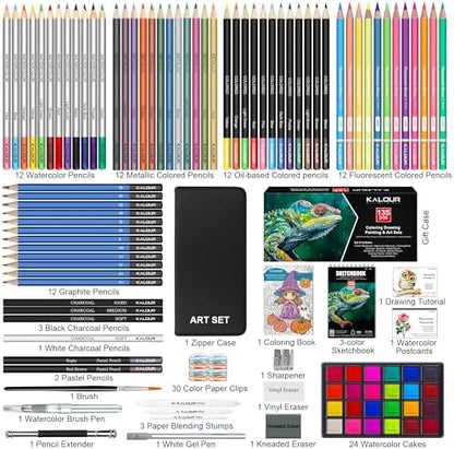 KALOUR 135 Drawing Set Sketching Kit,Art Supplies with 3-color Sketchbook & Coloring Paper,Include Tutorial, Oil Based, Neon,Graphite, Charcoal, Watercolor & Metallic Pencil,for Artist Adults Beginner - Image 4