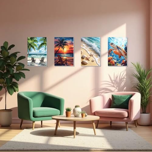 4 Pack Framed Paint by Numbers Kit for Adults Beginner Canvas Painting by Numbers for Adults Beach Easy Adult Paint by Number Kits with Frame Sea Turtle Watercolor Painting by Number 8x12 Inch - Image 6