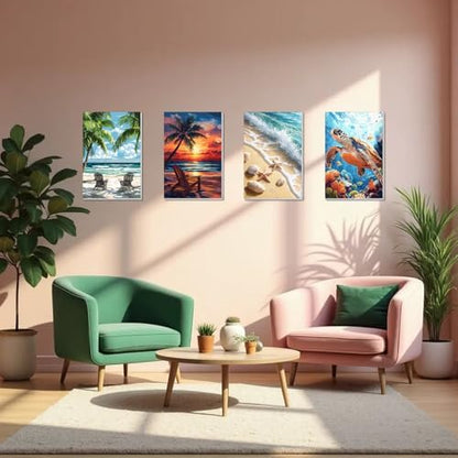4 Pack Framed Paint by Numbers Kit for Adults Beginner Canvas Painting by Numbers for Adults Beach Easy Adult Paint by Number Kits with Frame Sea Turtle Watercolor Painting by Number 8x12 Inch - Image 6