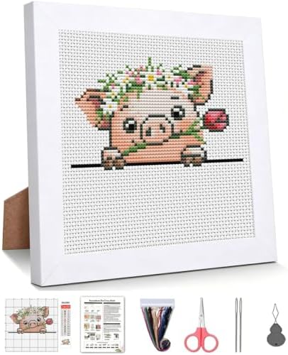 Cute Pig Stamped Cross Stitch Kits for Beginners Adults with Framed by WUSARPLY