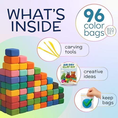 Air Dry Clay Kit 96 Colors for Kids, Lightweight and Non-Sticky Modeling Clay with Sculpting Tools and Storage Bags, DIY Arts and Crafts Gift for Boys and Girls Ages 3+ - Image 2