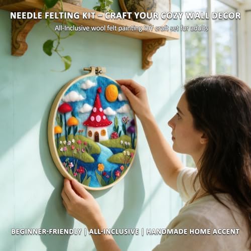 Zovylks Natural Landscape Needle Felting Kits Beginners, 7.9 Inch DIY Wool Felting Painting Starter Kit, Needle Felt Set for Home Decor with Foam Pad, Instructions (Mushroom House) - Image 4