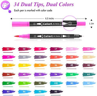 Caliart 34 Double Tip Brush Pens Art Markers for Adult Coloring Books - Image 2