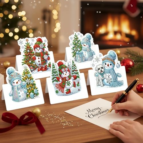 6 Packs Snowman DIY Diamond Art Greeting Cards with Envelopes Special Shaped 3D Fold Rhinestone Painting Card Handmade Gem Dots Art Kit for Beginner Adult Birthday Holiday Blessing Gift - Image 4