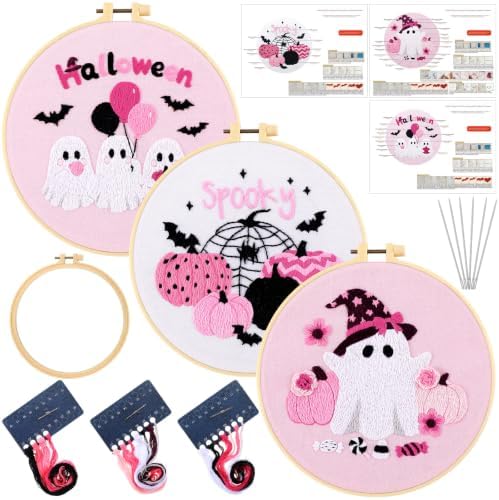 Mindsoft 3 Set Needlepoint Kit for Beginners with Hoop,Pink Halloween by Mindsoft