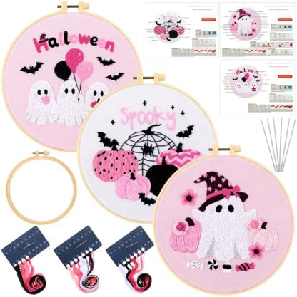 Mindsoft 3 Set Needlepoint Kit for Beginners with Hoop,Pink Halloween by Mindsoft
