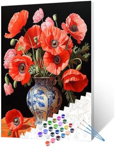 Tucocoo Red Poppys DIY Paint by Numbers for Adults Red Flowers in Vase DIY Oil Painting Kits Canvas with Acrylic Paint Floral Plant Art 16x20 Inch （DIY Frame ） by Tucocoo