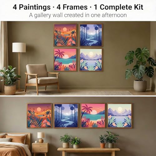 Amphol 4 Pack Framed Paint by Numbers Kit for Adults - Easy Landscape Silhouettes DIY Acrylic Paint by Number on Framed Canvas for Beginners, Relaxing Arts, Great for Home Wall Decor Gift 10"x10" - Image 3