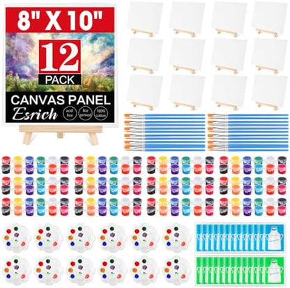 ESRICH 12 Pack 8x10 Canvas and Easel Set, Mini Acrylic Paint, Paint Brushes, Palettes, Aprons, Painting Kits for Adults Couples Friends Date Night Sip and Paint Party Supplies by ESRICH