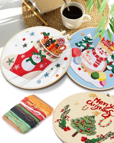 TINDTOP Christmas Embroidery Kit for Adult, 5 Pack Embroidery DIY Starter Kit, with Stamped Patterns, Hoop, Tools, Colorful Threads with Needles, Instructions - Image 7