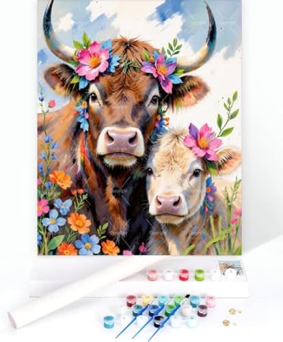 Sceorixa Cow Paint by Numbers Kit for Adults - DIY Floral Cow and Calf Painting on Canvas 16x20 Inches, Acrylic Paint Set, Suitable for Beginners, Art for Home Decoration or Gifts， Unframed - Image 3
