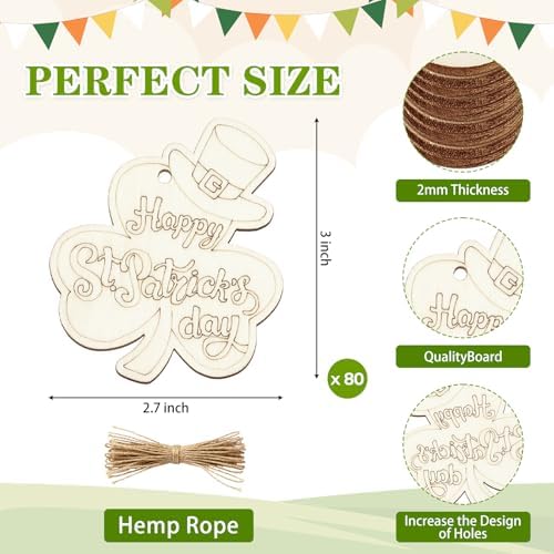 80PCS Wooden St. Patrick's Day Ornaments to Paint Shamrock Cutout Decorations,10 Styles DIY Blank Unfinished Wood Shamrock Cutouts Ornament for Tree Home Crafts Hanging, Hat Beer Gifts Indoor Spring - Image 7