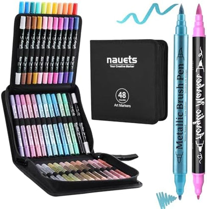 24 Metallic & 24 Acrylic Paint Markers Pens - Brush & Fine Dual Tip 48 Pack by nauets