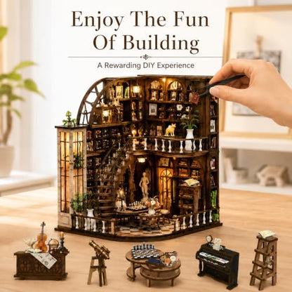 Book Nook Kit-DIY Miniature House for Adult and Teen Beginners, 3D Wooden Library Dollhouse with LED Light, Bookshelf Decor (Basque Study) - Image 4
