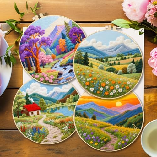 BEUNITONE 4 Set Fairy Tale Landscape Embroidery Kit for Beginners 7.9"x7.9" Pre-Stamped Pattern Needlepoint Kits with Hoop, Tools & Instruction, Handamde Embroidery Kits for Fabric and Home Decor - Image 6