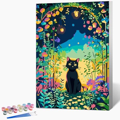 Fountor Framed Paint by Numbers Kit for Adults Beginner & Kids Ages 8-12, Black Cat Paint by Number with Frame, Easy Acrylic Cat Flowers Painting by Numbers Kit on Canvas 8x12 inch by Fountor