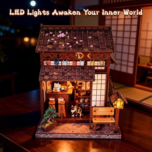 DIY Book Nook Kit for Adults, Japanese Sakura Dollhouse Kit, Miniature House Kit with LED Light, Mini Building Kit, 3D Wooden Puzzles Bookshelf Craft Diorama for Adults Teen Gifts (Japanese Teahouse) - Image 3