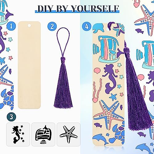 TaoBary 92 Pcs 4.8 x 1.3 Inch Ocean Wood Bookmark Making Kit Includes 36 Unfinished Blank Bookmarks 36 Tassels 20 Templates, Back to School DIY Painting Craft for Home Class Holiday Teachers Gift - Image 4
