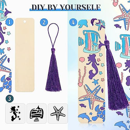 TaoBary 92 Pcs 4.8 x 1.3 Inch Ocean Wood Bookmark Making Kit Includes 36 Unfinished Blank Bookmarks 36 Tassels 20 Templates, Back to School DIY Painting Craft for Home Class Holiday Teachers Gift - Image 4