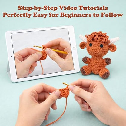 HOUSE CREATIVITY Crochet Kit for Beginners, Make a Highland Cow, Amigurumi Starter Kit with Step-by-Step Video Tutorial, Yarn, Hook & Stuffing, Stress Relief DIY Craft Gift for Adults - Image 4