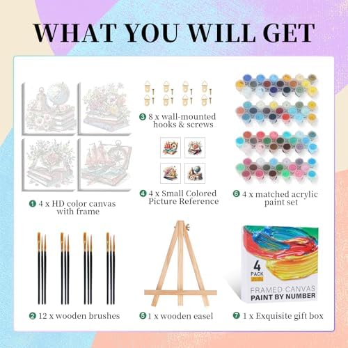 Camocin 4 Pack Framed Paint by Numbers Kit for Adults with Wooden Easel - Image 4