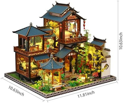 Plustopoy DIY Miniature House Kit: Villa Tiny House Kit with LED Light - DIY Wooden Dollhouse Miniature Kit for Adults Teen, Wooden Crafts Vintage Courtyard Doll House Kit, Great Handmade Crafts Gift - Image 4