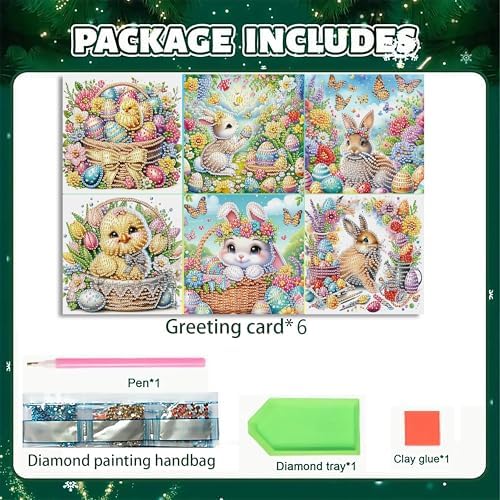 DIZAKIM 6-Piece Christmas-Themed Diamond Painting Greeting Cards Christmas Eve DIY Craft Kit Birthday Gift (Easter) - Image 3