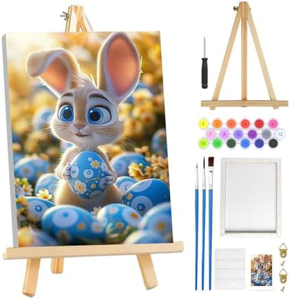 MOGTAA Easter Bunny Paint by Numbers Kit for Adults Beginners with Frame, Easter Eggs Adult Paint by Number Kits on Canvas with Easel, Easy DIY Oil Painting Kits for Home Decor, 8x12in by MOGTAADIYHomeDecor