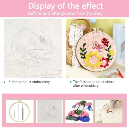 Zhenqing Butterfly & Floral Punch Needle Embroidery Kit | 29x29cm Pink Bloom Design with Hoop & Tools | DIY 3D Textured Wall Art for Beginners(Z95092C) - Image 5