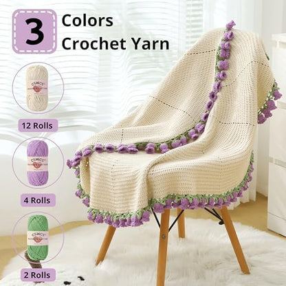 CSWCS Crochet Blanket Kit for Beginners, 40 inches Flower Bouquet Shawl Throw Kits for Adults, Learn How to Knitting with Yarn, Hook & Instructions, Gifts for Women Home Decor (Lily of The Valley Kit) - Image 2