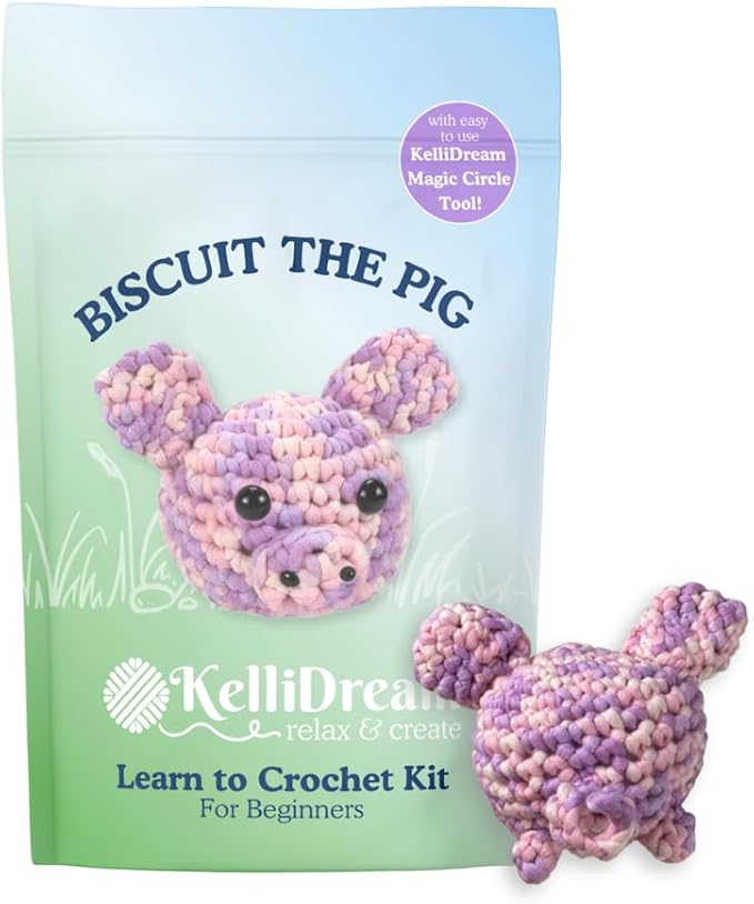 KelliDream Magic Circle Tool Inclusive Learn to Crochet Kit for Beginners; Step-by-Step Video Tutorials; All Supplies to Make Cute Amigurumi (Pig)