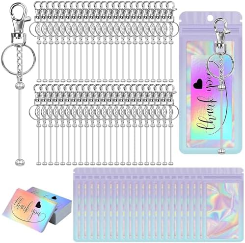 42/84/126 Pcs Beadable Keychain Bars Bulk Blank DIY Beaded Keychain Making Supplies with Bag Thank You Card by Unknown