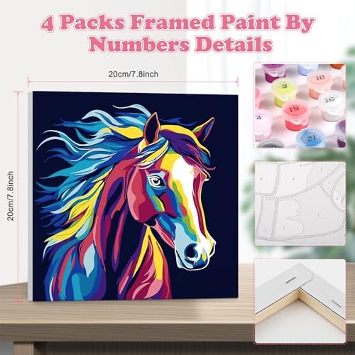 GHHKUD 4 Pack Colorful Animals Paint by Numbers Kits for Adults with Frame Canvas, Cat Horse Painting by Numbers for Adults Kids Ages 8-12, DIY Art Painting Gifts Home Wall Decor 8x8in - Image 2