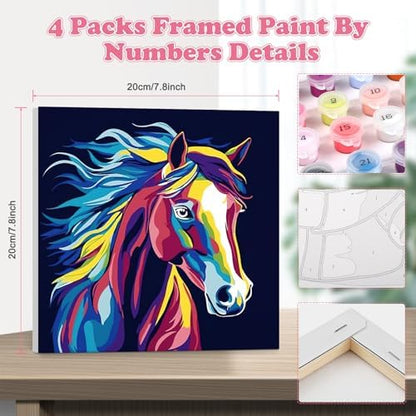 GHHKUD 4 Pack Colorful Animals Paint by Numbers Kits for Adults with Frame Canvas, Cat Horse Painting by Numbers for Adults Kids Ages 8-12, DIY Art Painting Gifts Home Wall Decor 8x8in - Image 2
