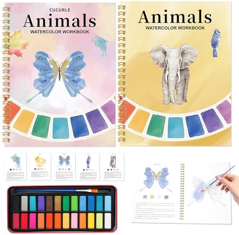 Watercolor Workbook Coloring Book for Adults, Beginner Friendly Painting Kit with 24 Colors Paint, Animals Theme by Acrebow