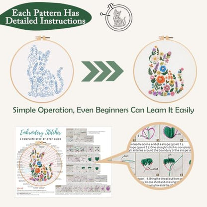 Nuberlic 3 Pack Embroidery Kit for Beginners with Animal Floral Patterm - Image 2